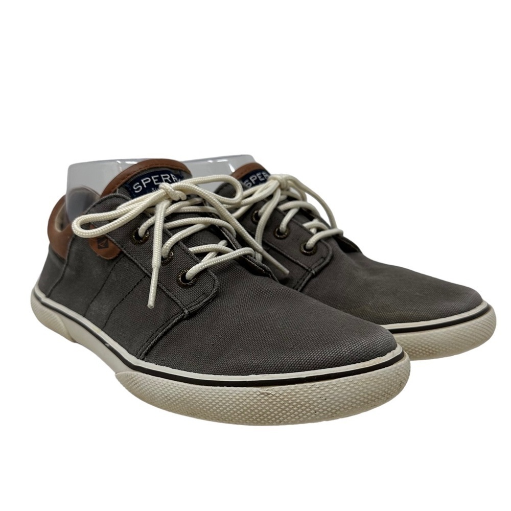 Sperry Shoes‎ Mens 5M Ollie Grey Canvas Sneakers Boat Deck Leather Trim Lace Up